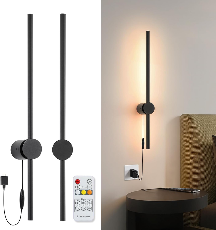 Wall Sconces Set of Two with Remote, Stepless Colors 3000K-6500K & Stepless Dimming, USB Power Supply Plug-In, 360° Rotate, LED Matte Black Wall Sconces with Timer & Night Light 23.6 Inches