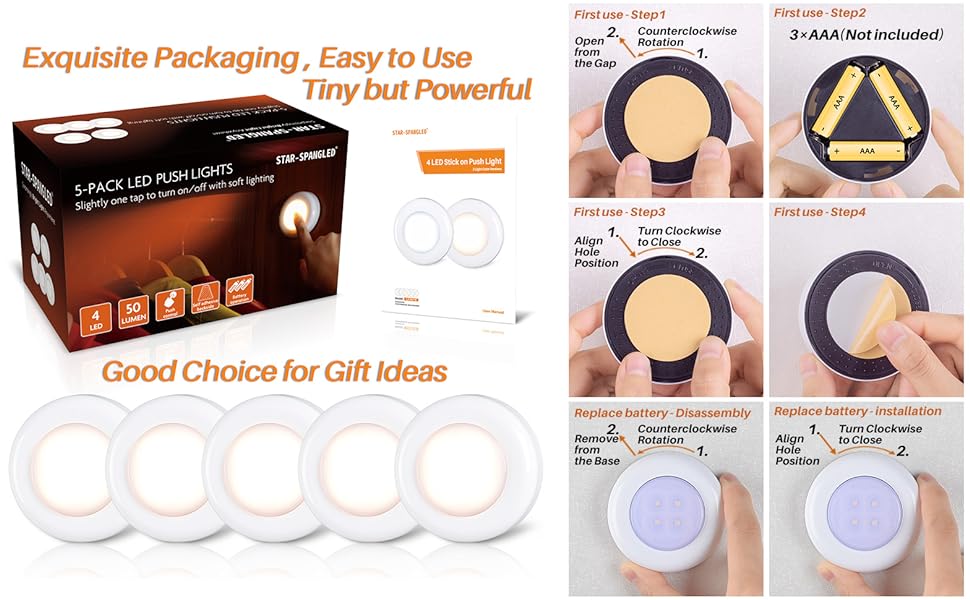 Tap Light, Push Light, STAR-SPANGLED, 4 LED Touch Light, Night Lights, Stick-on Anywhere,Warm White
