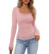 MEROKEETY Women's Long Sleeve Lace Trim Tops 2026 Fall Ribbed Scoop Neck Button Shirts Going Out ...