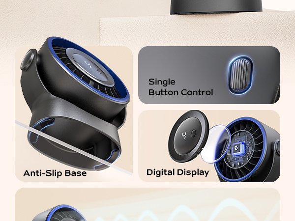 Features shown: 'Button Control', 'Anti-Slip Base', 'Digital Display'. Modern electronic device with blue LED display and circular control interface shown from multiple angles.