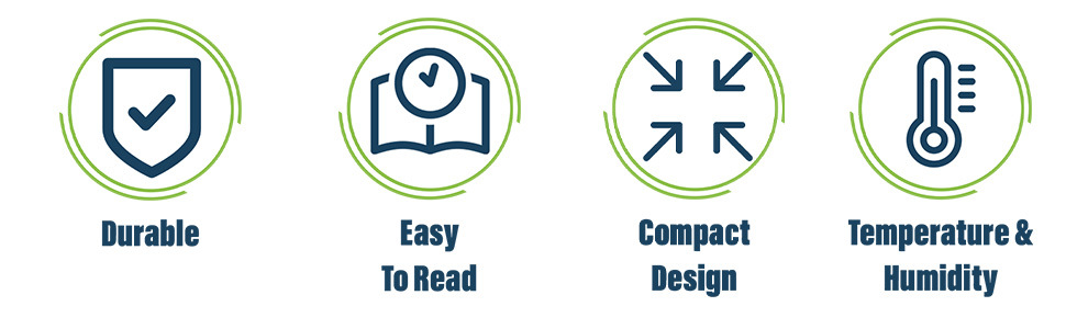 Four circular icons representing product features: 'Durable', 'Easy to Read', 'Compact Design', and 'Temperature &amp; Humidity'. Icons use green and blue colors.