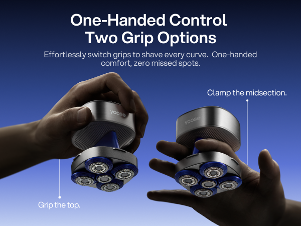 Text reads 'One-Handed Control Two Grip Options'. Demonstration of gaming controller grip positions showing clamp midpoint and grip top positions against dark background.