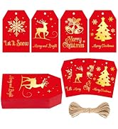 G2PLUS 60Pcs Christmas Gift Tags with String - Red and Gold Merry Christmas Paper Tags, 4 Designs...