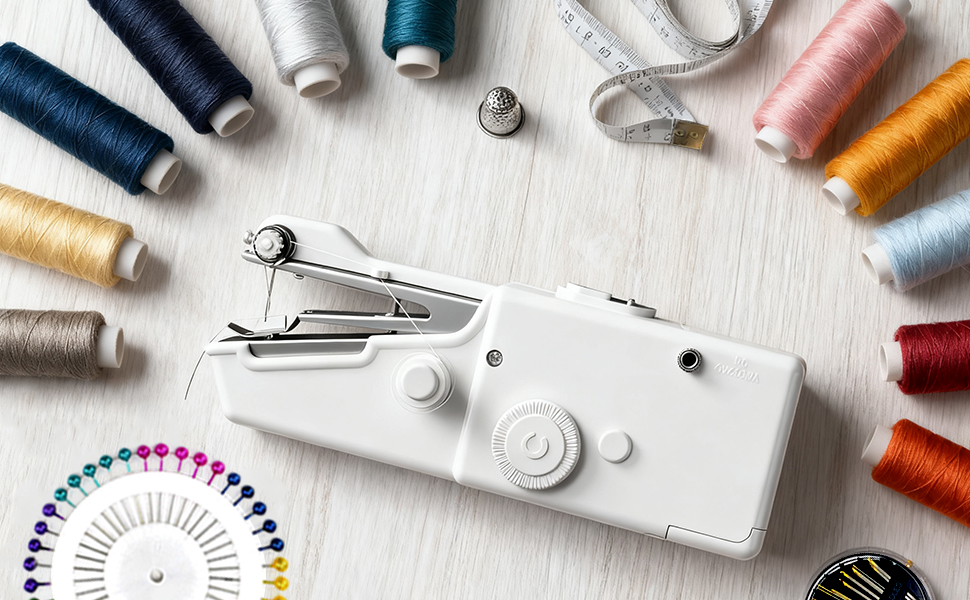 Close-up of a handheld sewing machine.