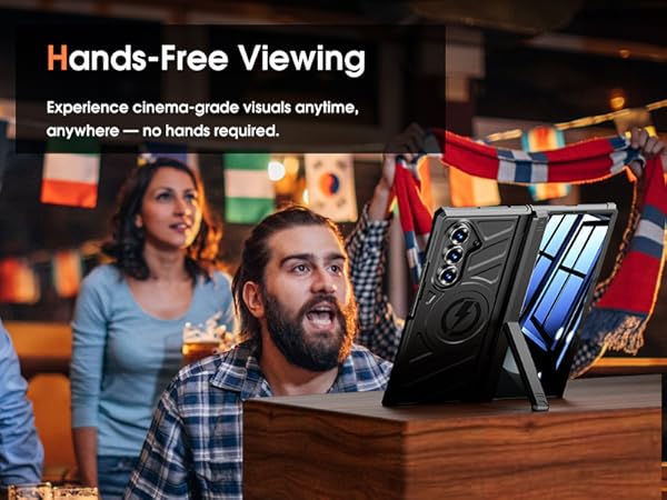 Text reads 'Hands-Free Viewing'. People in a casual setting engaging with electronic devices, demonstrating hands-free device usage.