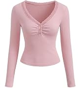 MEROKEETY Women's 2026 Fall Long Sleeve Tops V Neck Lace Trim Ruched Ribbed Button Henley Shirts ...