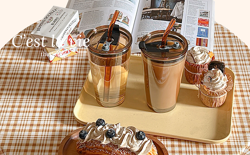 glass tumbler with straw and lid
