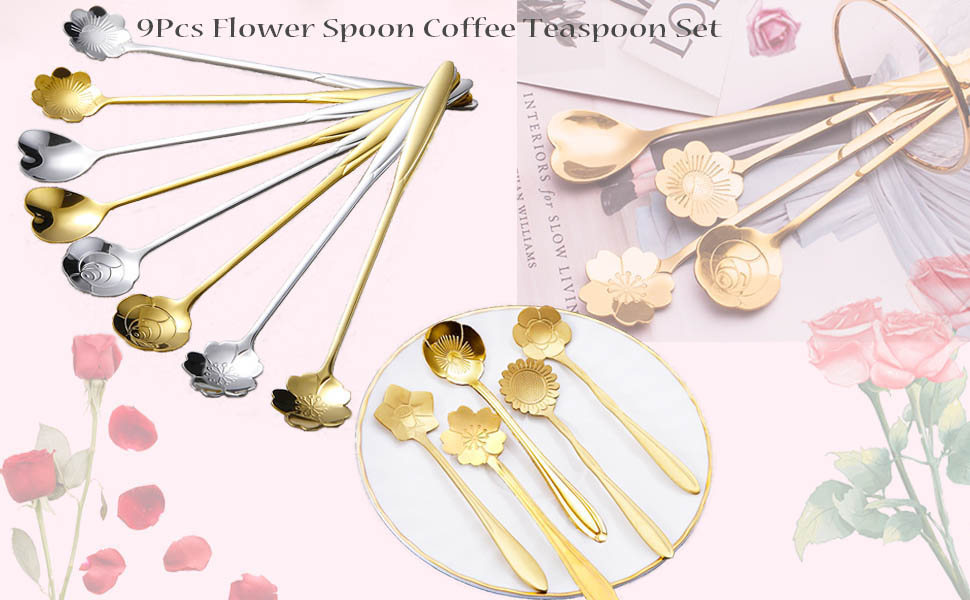 9 Pcs Flower Spoon Coffee Teaspoon Set