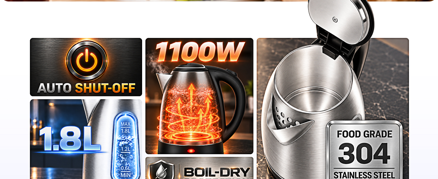 1.8L Stainless Steel Electric Kettle Features