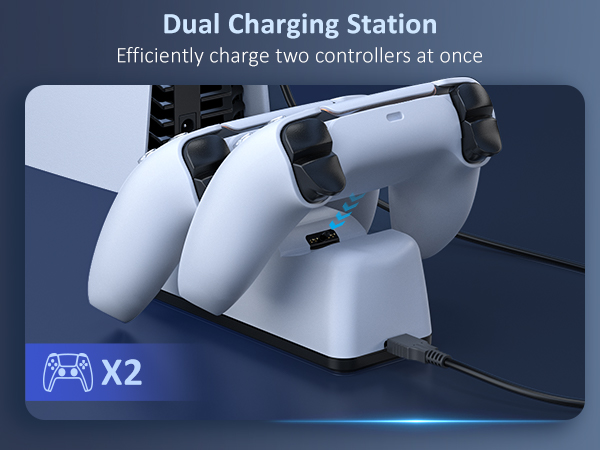 One dock shows two PS5 controllers charging from the back.