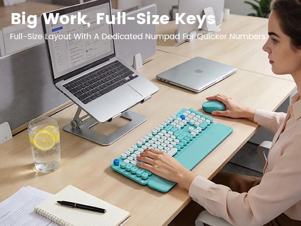 tiffany blue wireless keyboard mouse combo on desk with laptop stand wrist rest for daily work