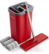 BOSHENG Mop and Bucket with Wringer Set, Flat Mop and Bucket, Squeeze Floor Mop with 3 Washable M...