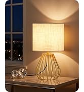 GOEBLESON Gold Bedside Table Lamp, 12.6'' Small Table Lamp with Beige Linen Lampshade &amp; Gold Tear...