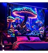 SparkLia Blacklight Mushroom Forest Tapestry - UV Reactive Glow in the Dark Fantasy Waterfall Wal...