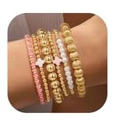 Yoosteel Gold Beaded Bracelets Set for Women, 14K Gold Plated Dainty Round Bead Ball Pearl Cross ...