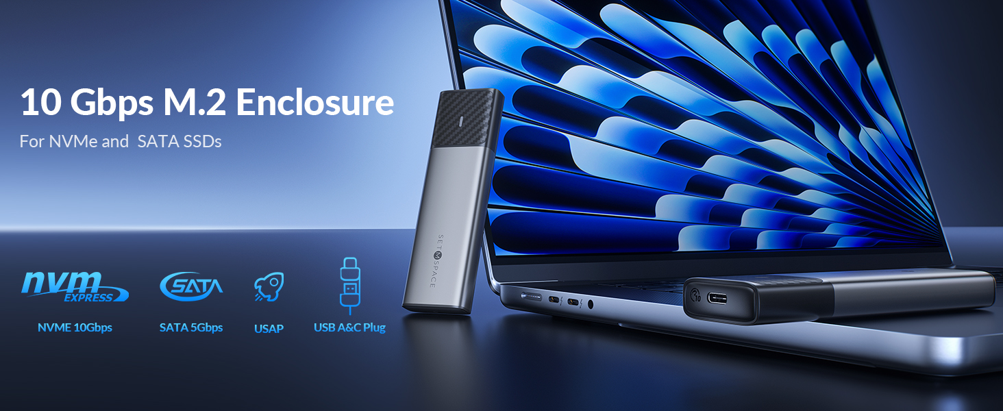 NVME Enclosure, SETMSPACE Tool-Free M.2 Enclosure with 2-in-1 USB C Adapter, External Reader