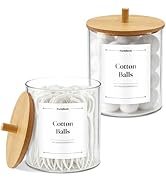 PureRoot 15oz Glass Qtip Holder Dispenser Set, Clear Canisters Apothecary Jar with Bamboo Lids, B...