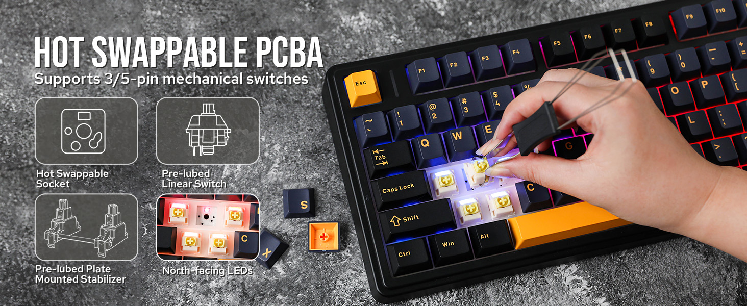 Hot swappable PCBA keyboard. Features RGB lighting, customizable keys, and compact design. Image shows hand adjusting keys and interface display.