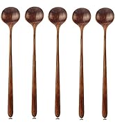 Long Spoons Wooden, 5 Pieces Korean Style 10.9 inches 100% Natural Wood Long Handle Round Spoons ...