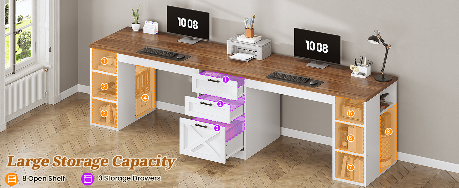 Computer Desk with Drawers, 2 Person Home Office Desk