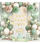 Sage Green Birthday Decorations, Neutral Green Gold Nude Party Décor with Foil &amp; Latex Balloons S...