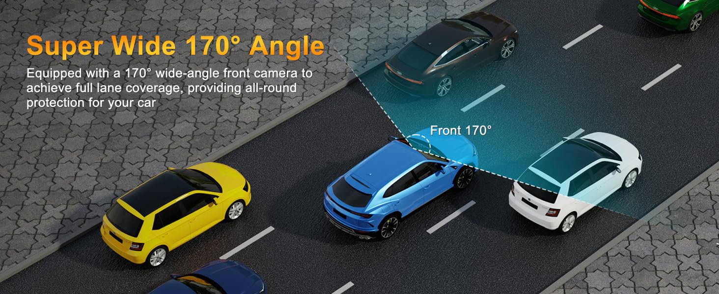 Text reads 'Super Wide 170° Angle'. Automotive scene showing multiple vehicles with wide-angle perspective demonstration.