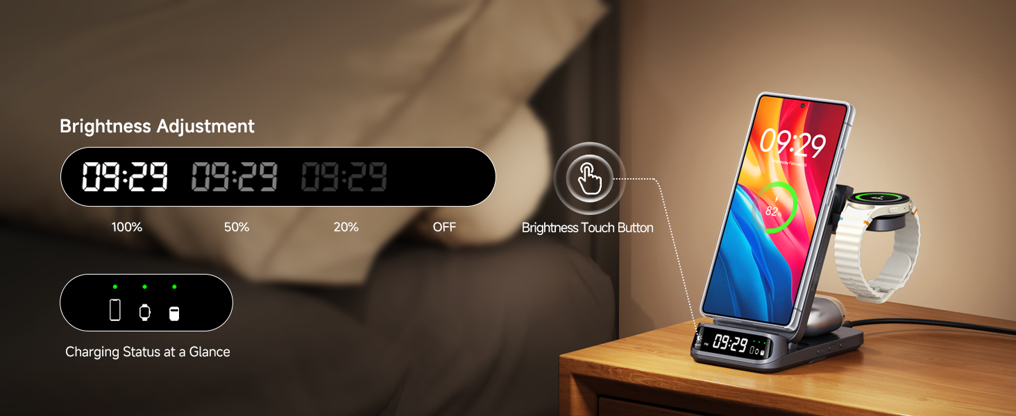 Smartphone charging dock with digital display showing time, temperature, and battery status. Dock also holds a smartwatch. Device screens show colorful backgrounds.