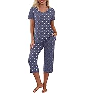 PrinStory Women's Pajama Set Short Sleeve Shirt and Capri Pants Sleepwear Pjs Sets with Pockets