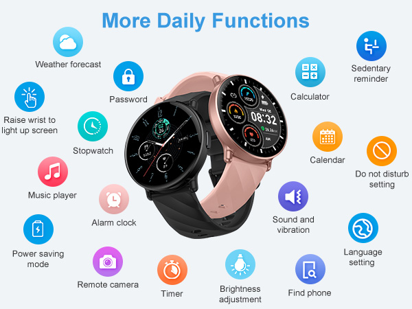 Smartwatch with rose gold bezel and black band, displaying circular interface with multiple function icons including weather, music, camera, and fitness tracking features.