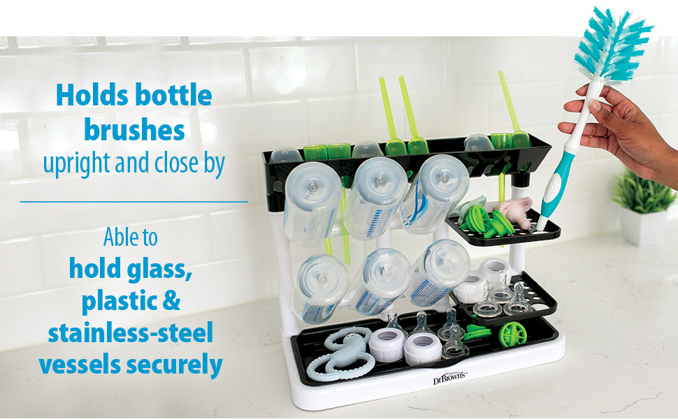 Holds bottle brushes upright and close by