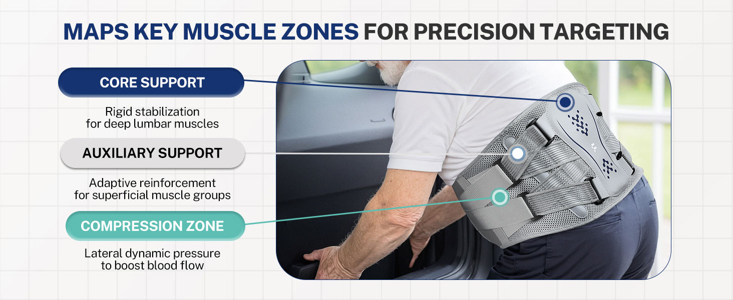 Back support brace with labeled muscle zones. Person wearing gray brace around lower back. Diagram shows core support, auxiliary support, and compression zone areas.