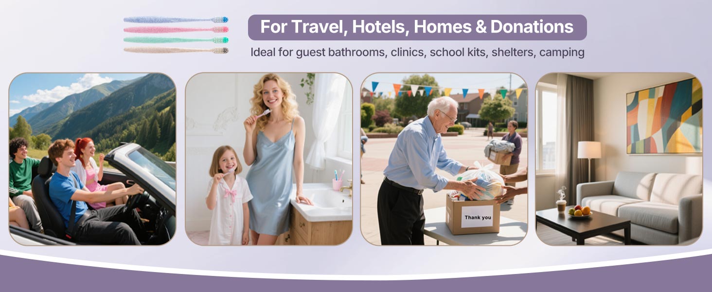 Individually wrapped toothbrushes for travel, hotels, homes, donations; guest bathrooms, kits