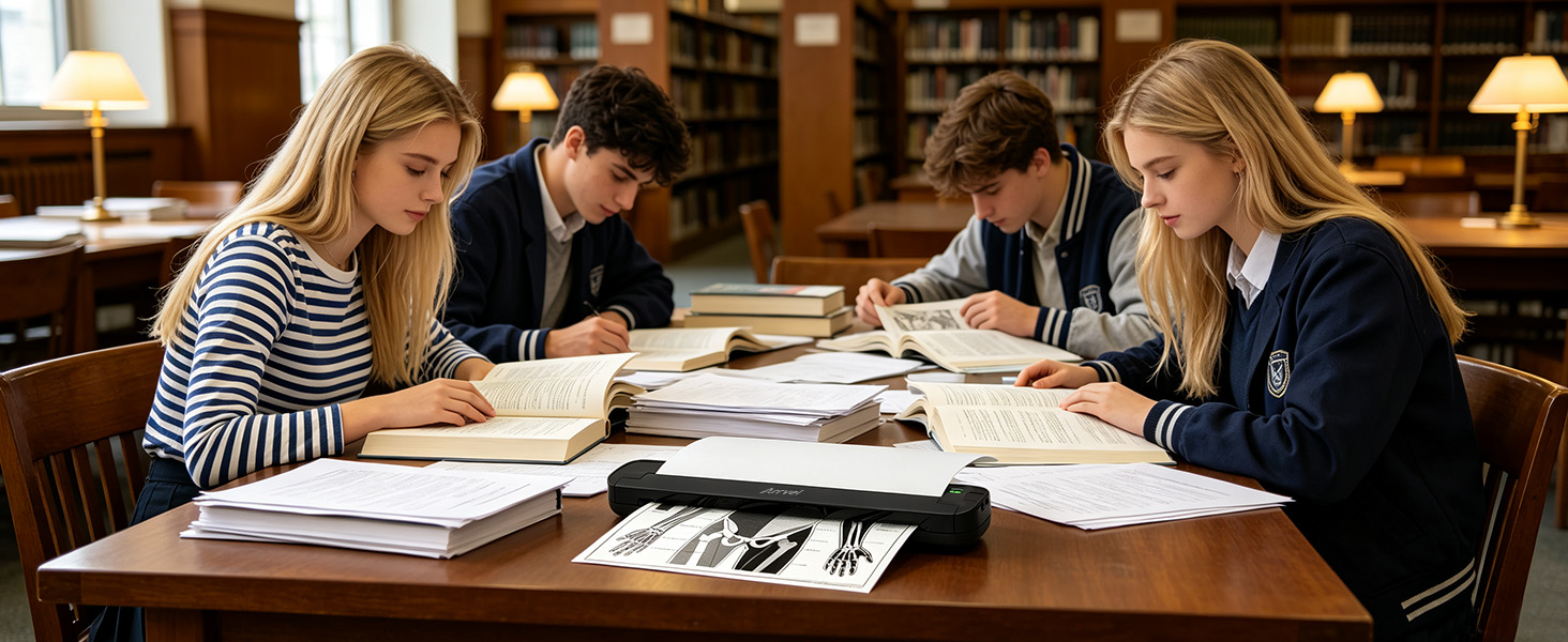 Students use the wireless thermal printer for study notes and educational materials in a library