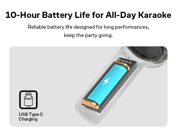 rechargeable karaoke microphone with up to 10 hours playtime