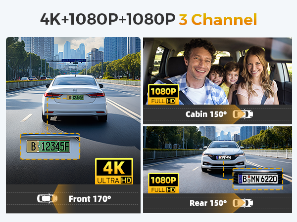 Vehicle dashboard camera interface showing multiple viewing angles: 'Cabin 150°', 'Front 170°', 'Rear 150°'. Includes '4K' and '1080P' quality indicators.