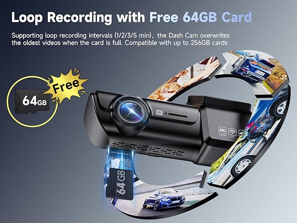 Loop Recording withFree 64GB Card dash cam