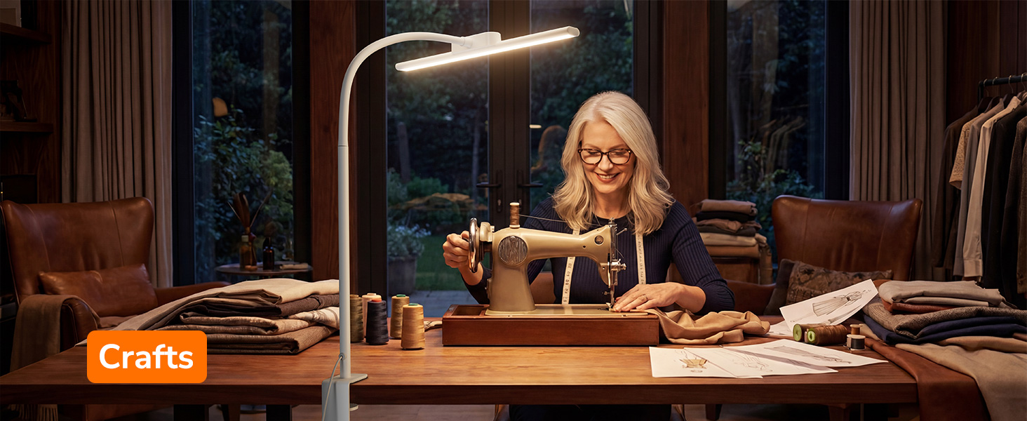 Text reads 'Crafts'. Warm-lit workshop or crafting space with desktop lamp illuminating a work surface.