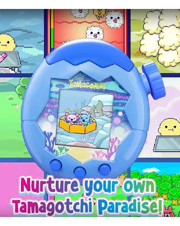 Blue Tamagotchi Paradise device with the words nurture youe own tamagotchi paradise