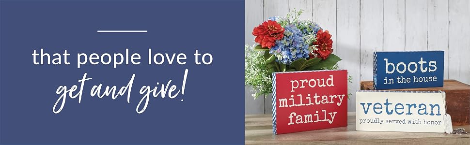 Proud military family, boots in the house, and veteran proudly served with honor wooden box signs.