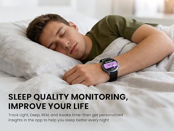 Text reads 'SLEEP QUALITY MONITORING'. Series of images showing someone sleeping, with monitoring interface visible.