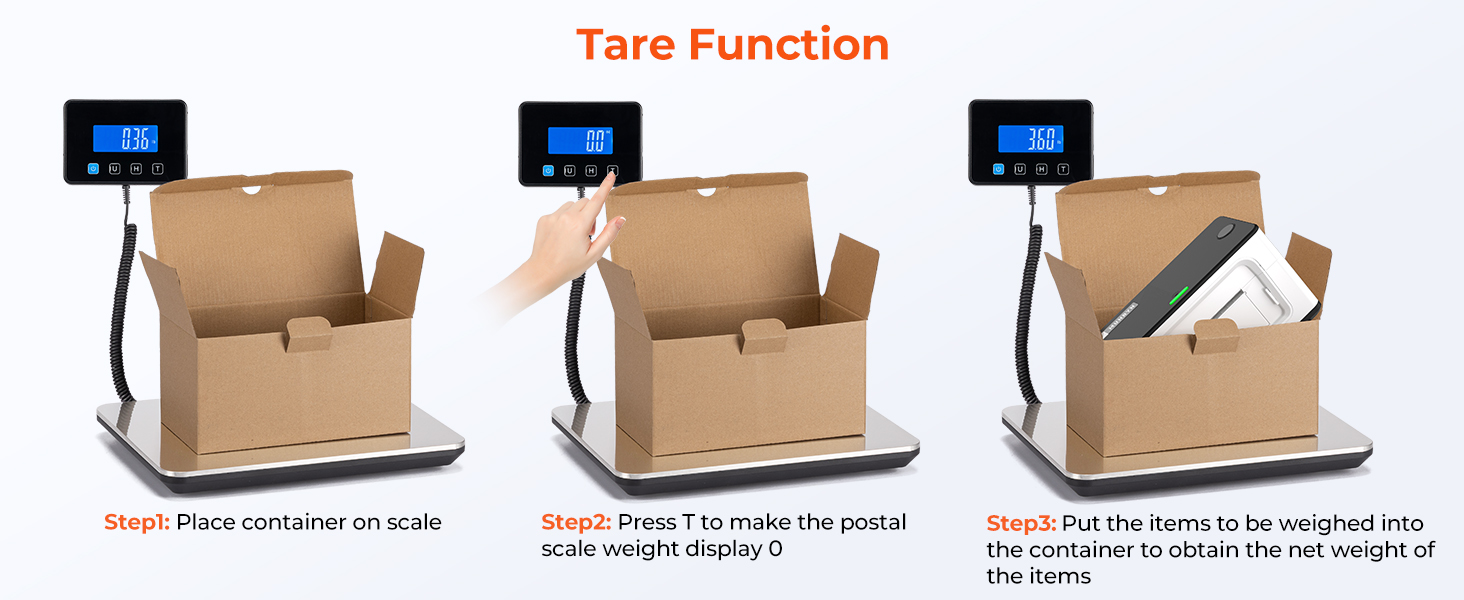 Three images showing a cardboard box being scanned by a handheld device with a digital display, demonstrating package measurement.