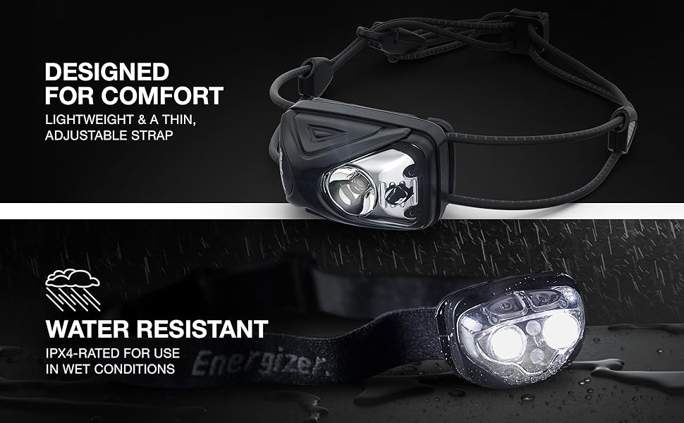 Energizer Headlamps are water resistant and comfortable