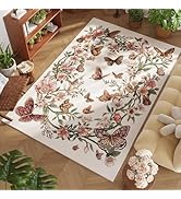 Rugcomf Area Rug 4x6 Rug Washable Boho Rugs Non Slip Low Pile Floral Butterfly Small Carpet for B...