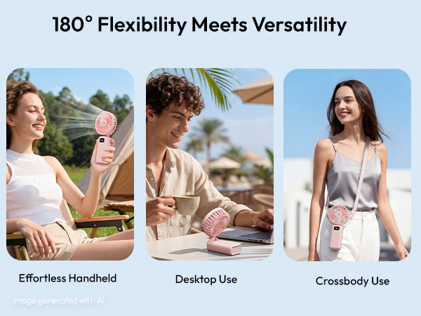 Portable handheld fan for outdoor cooling desk work crossbody wear camping travel hands free use