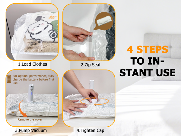 How to use vacuum storage bags: load, zip seal, pump vacuum, tighten cap (4 steps).