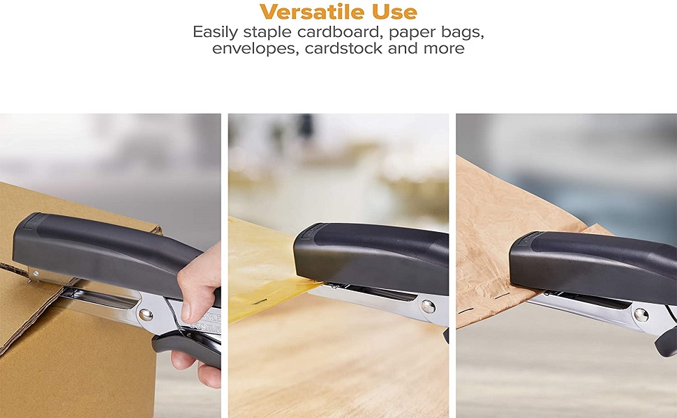 three images showing use of this box stapler, fabric stapler, and industrial stapler hard at work