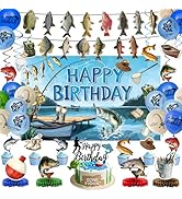 Fishing Birthday Party Decorations Includes Backdrop, Banner, Hanging Swirls, Balloons, Cake &amp; Cu...