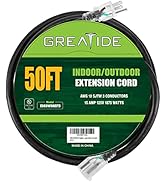 GREATIDE 50 Ft Lighted Outdoor Extension Cord - 10/3 SJTW Heavy Duty Black Extension Cable with 3...