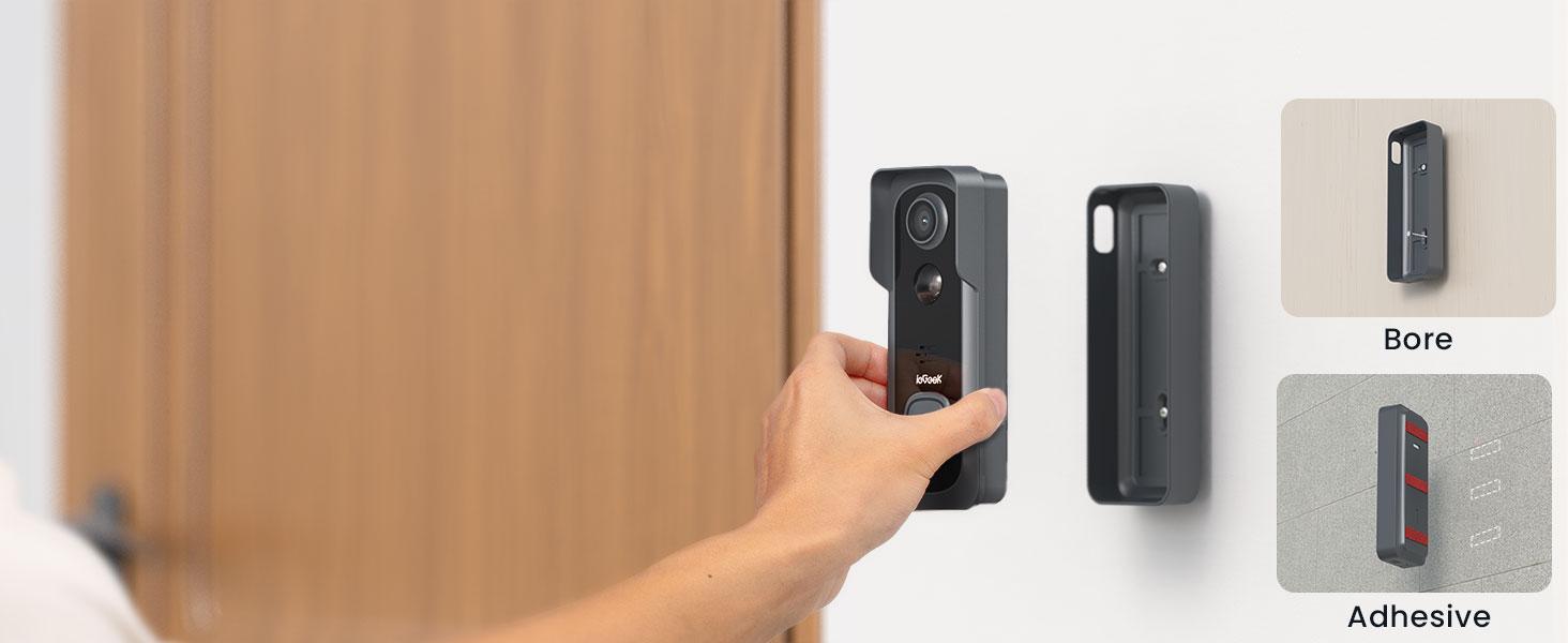 Mount in seconds with adhesive tape or hook