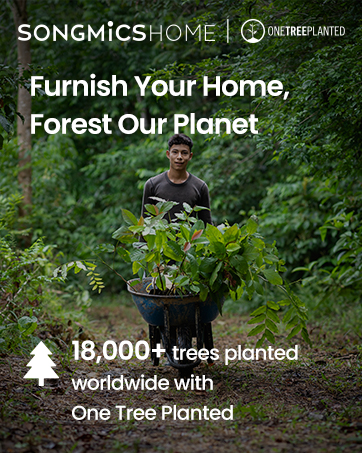 Songmics Home eco-friendly furniture advertisement. Shows person holding plant seedlings in forest. Text states '18,000+ trees planted worldwide with One Tree Planted'.
